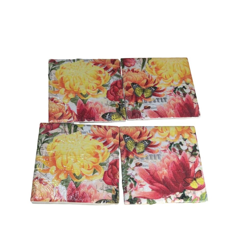 Handmade Floral & Butterfly Decoupage Tile Coasters - Set of 4